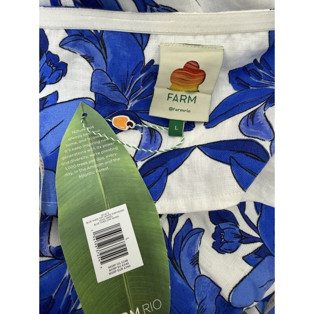 Farm Rio Blue Yard Office White Sleeveless Halter Maxi Dress Size L Tropical NEW - Picture 13 of 16